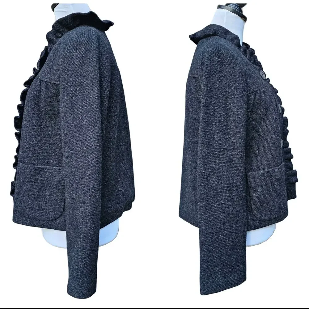 J.Crew Fiona Wool Tweed Ruffle Blazer Jacket Gray Charcoal Size 6 Pockets Preppy